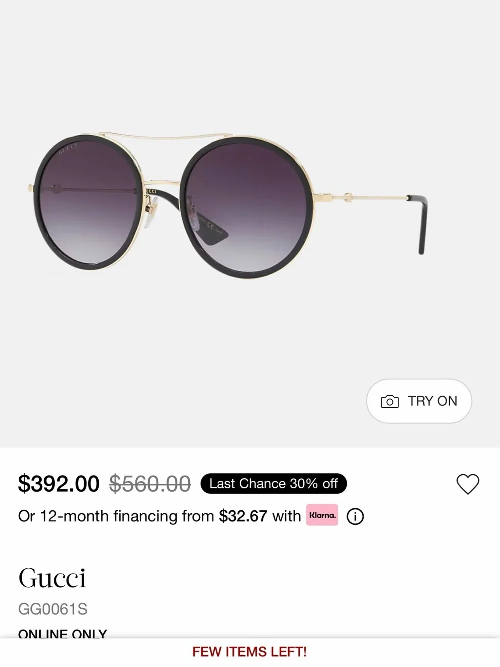 Authentic Gucci Round Black Sunglasses - Black Lenses